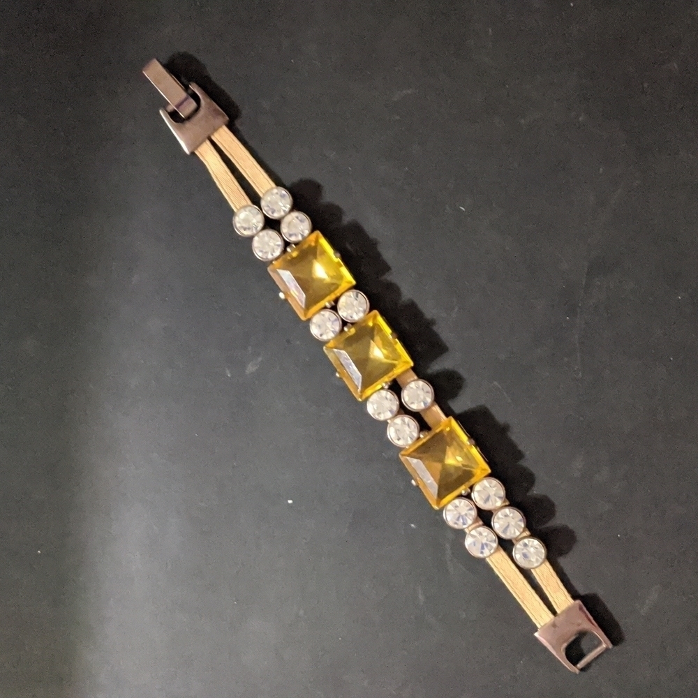 J. Crew Copper Tone Clear and Yellow Rhinestone Statement Bracelet